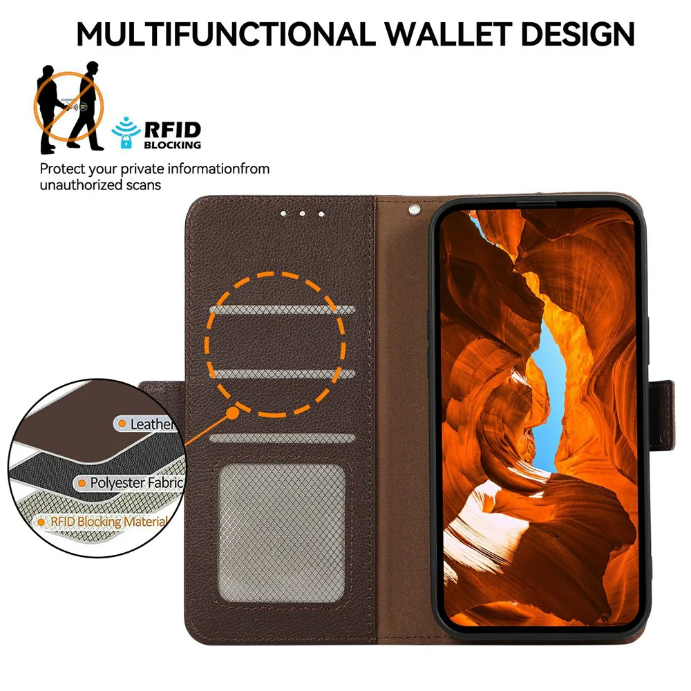 ABEEL For iPhone 17 Pro Max Case Litchi Texture Leather RFID Blocking Phone Cover - Brown - Image 4
