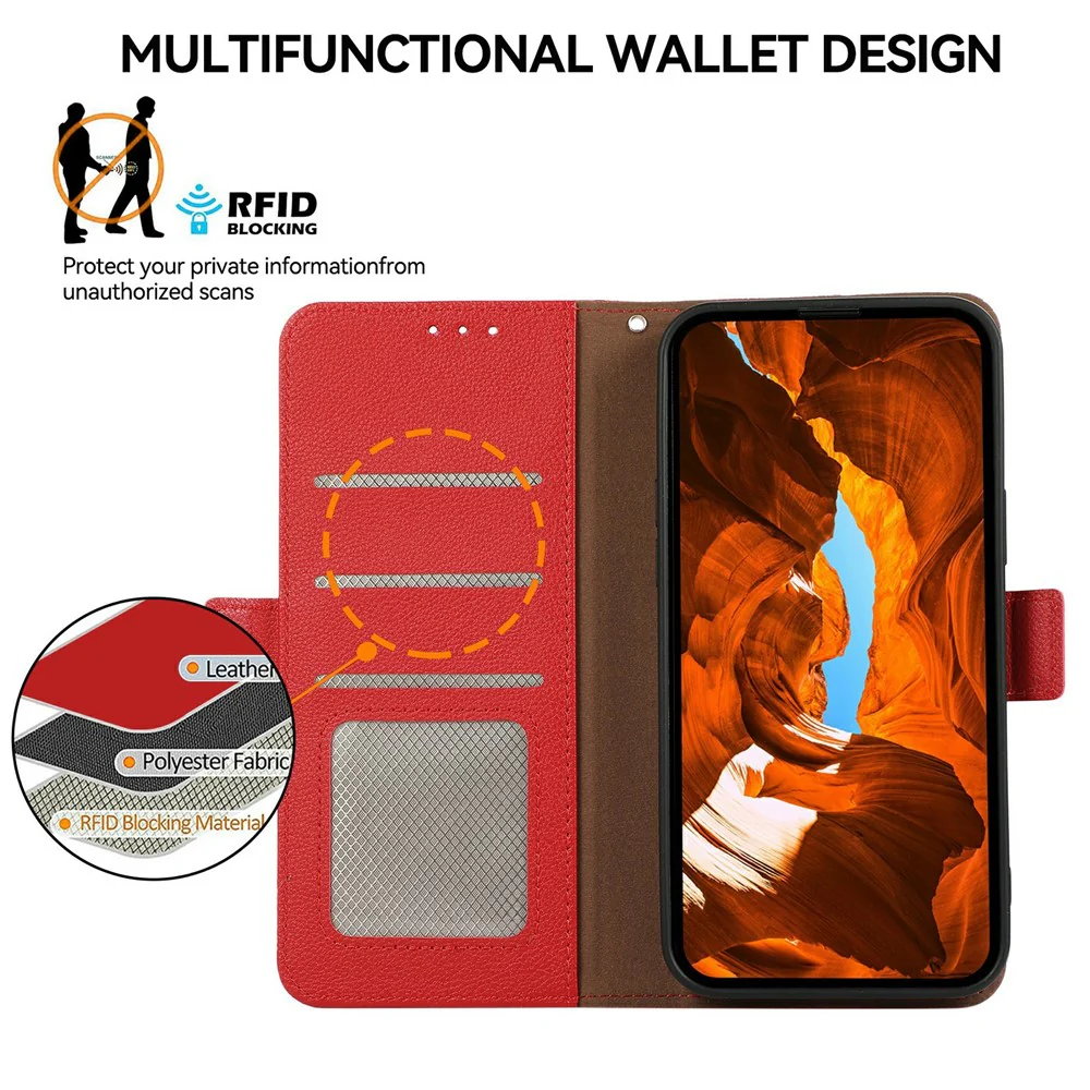 ABEEL For iPhone 17 Pro Max Case Litchi Texture Leather RFID Blocking Phone Cover - Red - Image 4