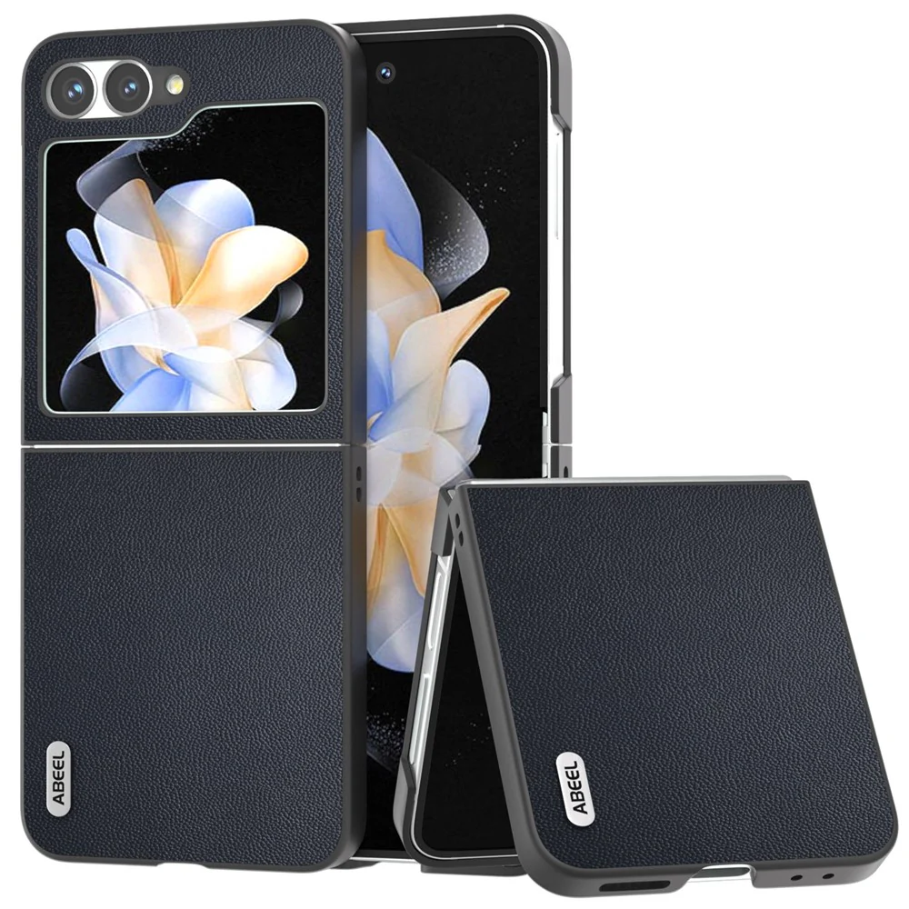 ABEEL For Samsung Galaxy Z Flip7 FE 5G / Z Flip6 5G Case Black Edge Genuine Cow Leather PC Phone Cover - Blue