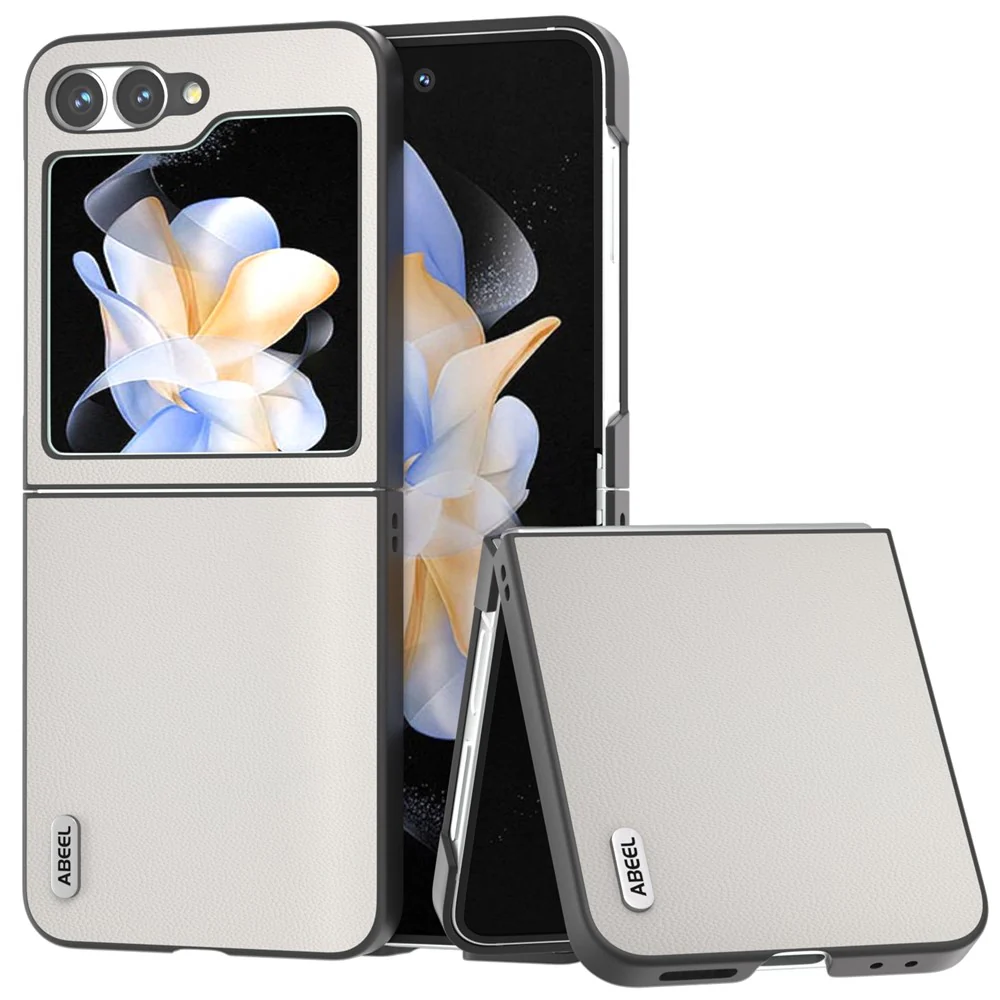 ABEEL For Samsung Galaxy Z Flip7 FE 5G / Z Flip6 5G Case Black Edge Genuine Cow Leather PC Phone Cover - White