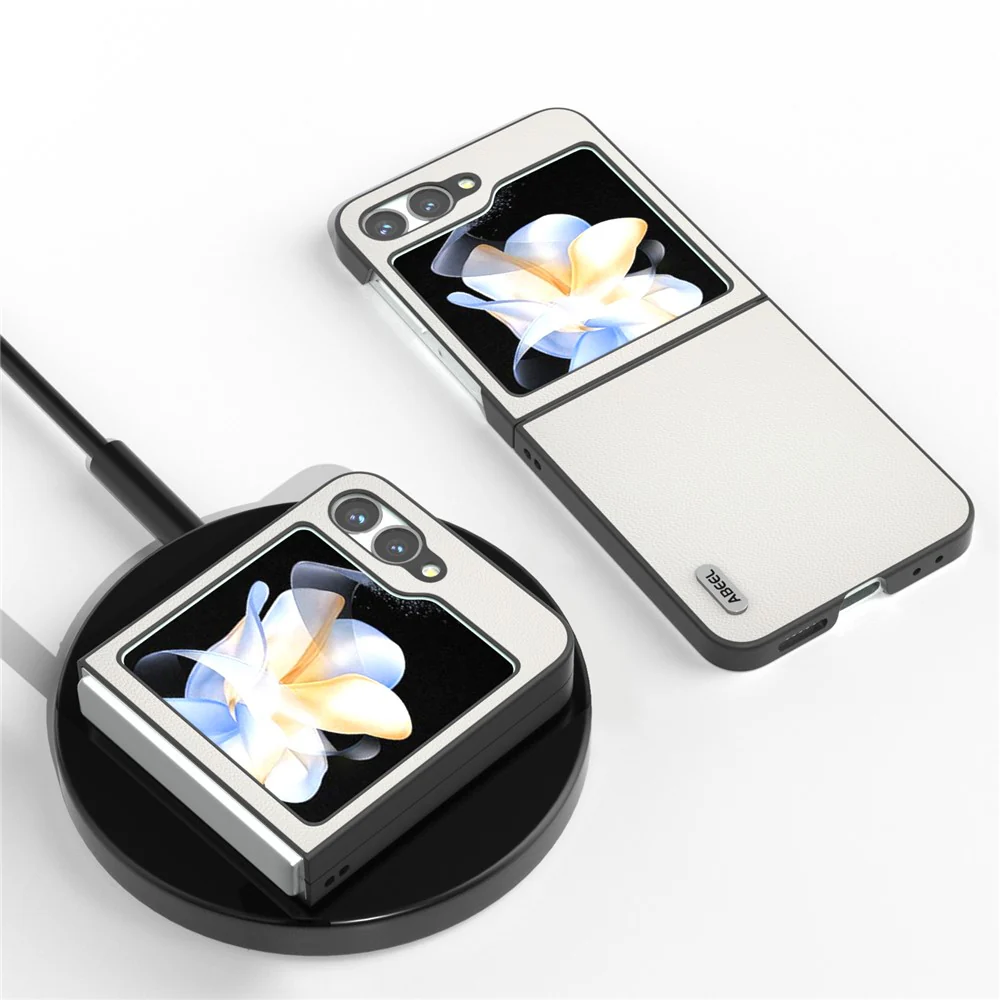 ABEEL For Samsung Galaxy Z Flip7 FE 5G / Z Flip6 5G Case Black Edge Genuine Cow Leather PC Phone Cover - White - Image 3