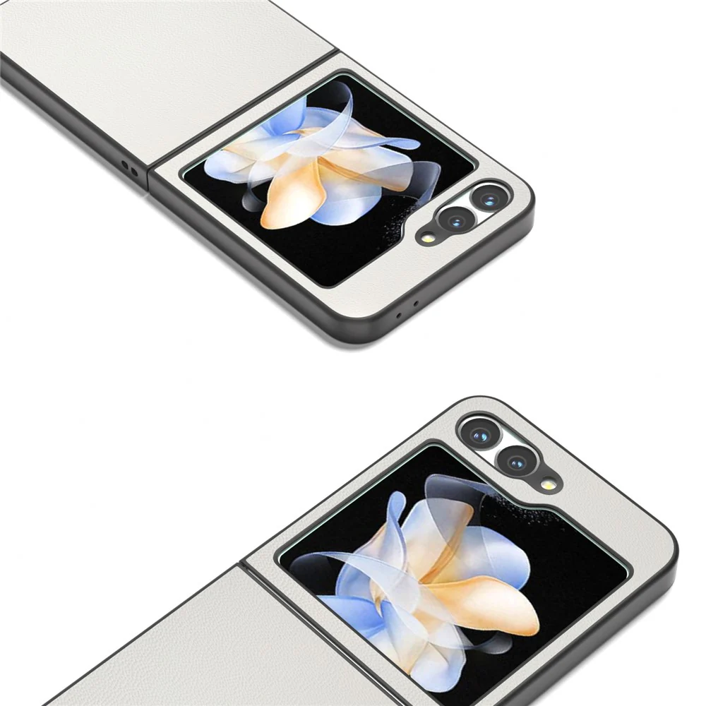 ABEEL For Samsung Galaxy Z Flip7 FE 5G / Z Flip6 5G Case Black Edge Genuine Cow Leather PC Phone Cover - White - Image 4