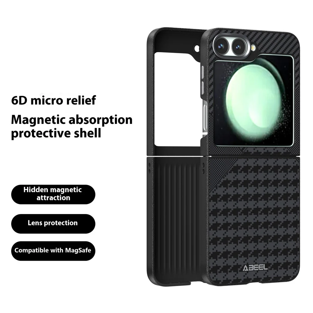 ABEEL For Samsung Galaxy Z Flip7 FE 5G / Z Flip6 5G Case Compatible with MagSafe Micro-Embossing PC TPU Aluminum Alloy Leather Phone Cover - Image 2