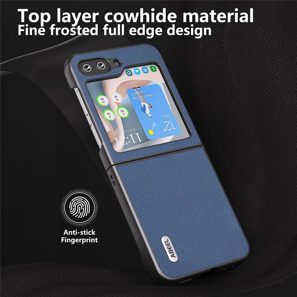 ABEEL For Samsung Galaxy Z Flip7 FE 5G / Z Flip6 5G Case Cowhide Leather Litchi Texture Phone Protective Cover - Blue - Image 4