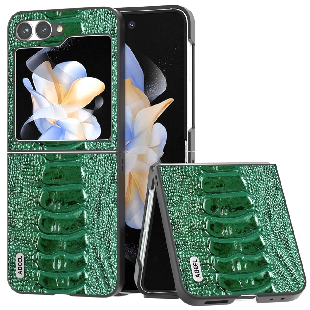 ABEEL For Samsung Galaxy Z Flip7 FE 5G / Z Flip6 5G Case Crocodile Texture Genuine Cow Leather Back Phone Cover - Green