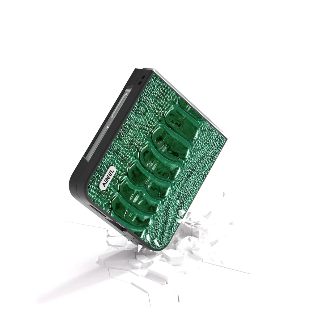 ABEEL For Samsung Galaxy Z Flip7 FE 5G / Z Flip6 5G Case Crocodile Texture Genuine Cow Leather Back Phone Cover - Green - Image 3