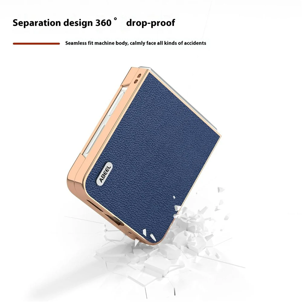 ABEEL For Samsung Galaxy Z Flip7 FE 5G / Z Flip6 5G Case Electroplating Edge Genuine Cow Leather Coated PC Phone Cover - Blue - Image 3