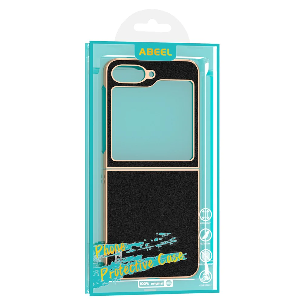 ABEEL For Samsung Galaxy Z Flip7 FE 5G / Z Flip6 5G Case Electroplating Edge Genuine Cow Leather+PC Phone Cover - Black - Image 6