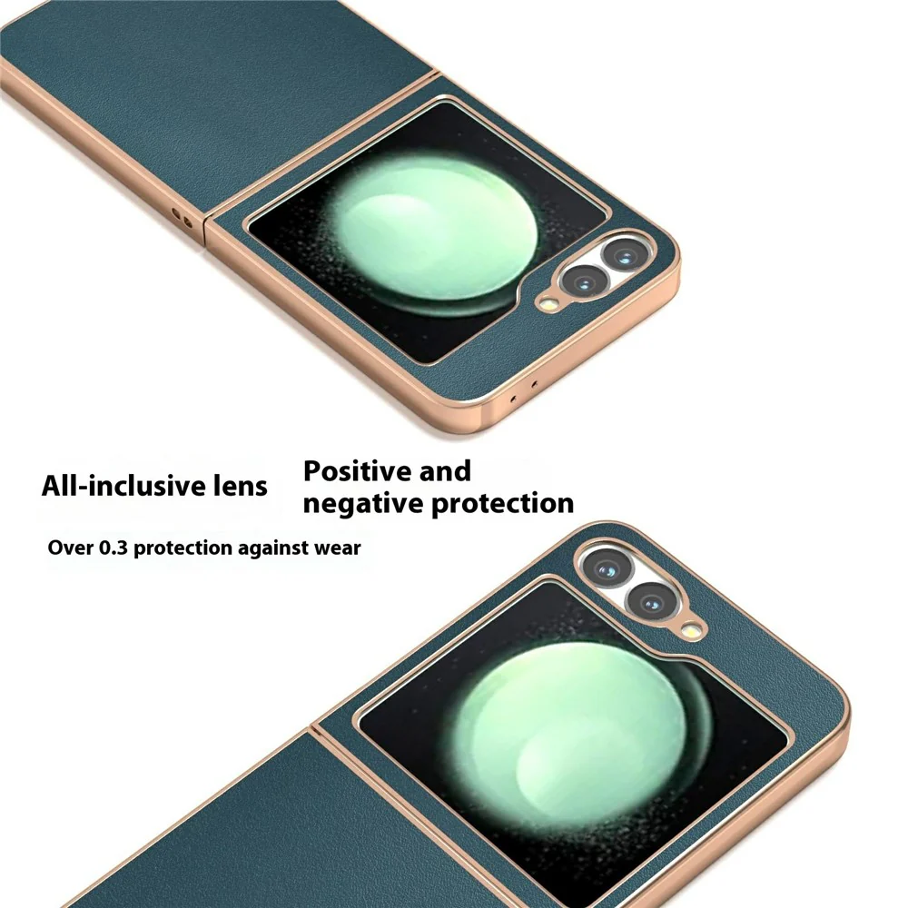 ABEEL For Samsung Galaxy Z Flip7 FE 5G / Z Flip6 5G Case Electroplating Edge Genuine Cow Leather+PC Phone Cover - Green - Image 2