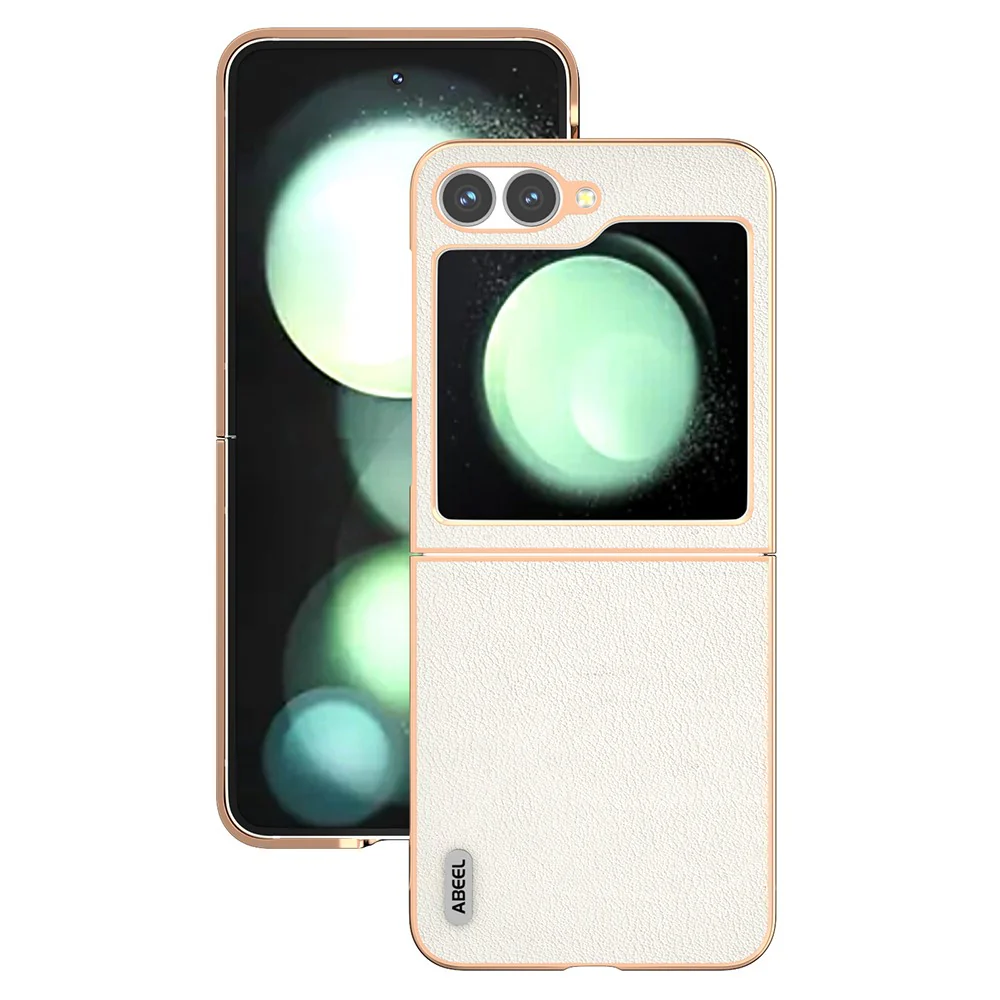 ABEEL For Samsung Galaxy Z Flip7 FE 5G / Z Flip6 5G Case Electroplating Edge Genuine Cow Leather+PC Phone Cover - Grey - Image 2