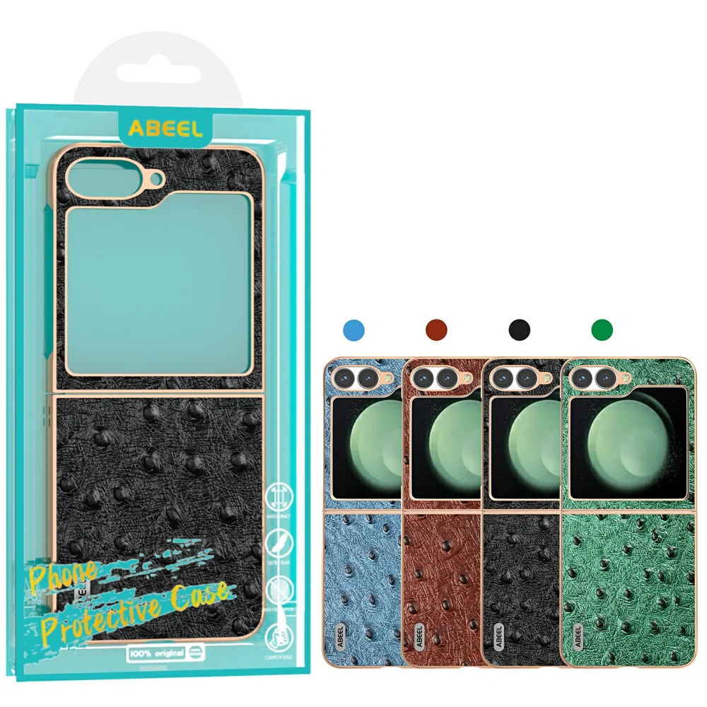 ABEEL For Samsung Galaxy Z Flip7 FE 5G / Z Flip6 5G Case Electroplating Edge Ostrich Texture Genuine Cow Leather Back Cover - Black - Image 5