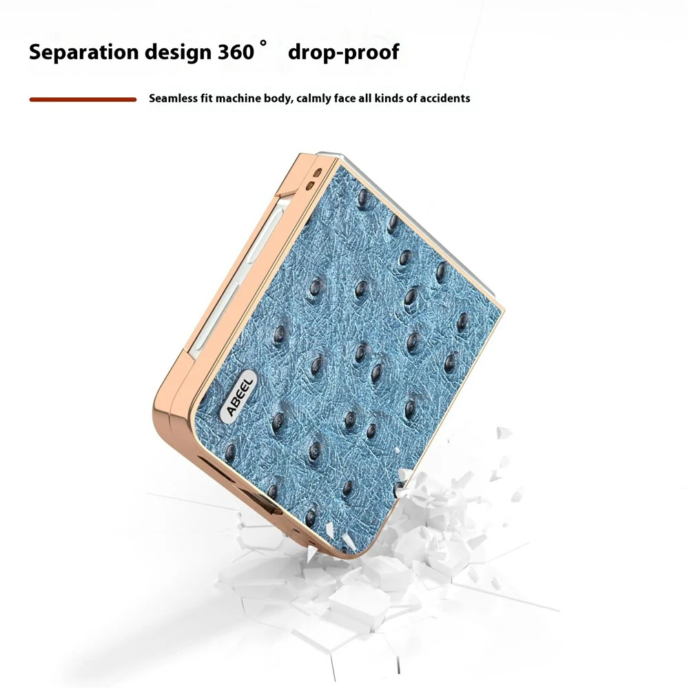 ABEEL For Samsung Galaxy Z Flip7 FE 5G / Z Flip6 5G Case Electroplating Edge Ostrich Texture Genuine Cow Leather Back Cover - Blue - Image 3