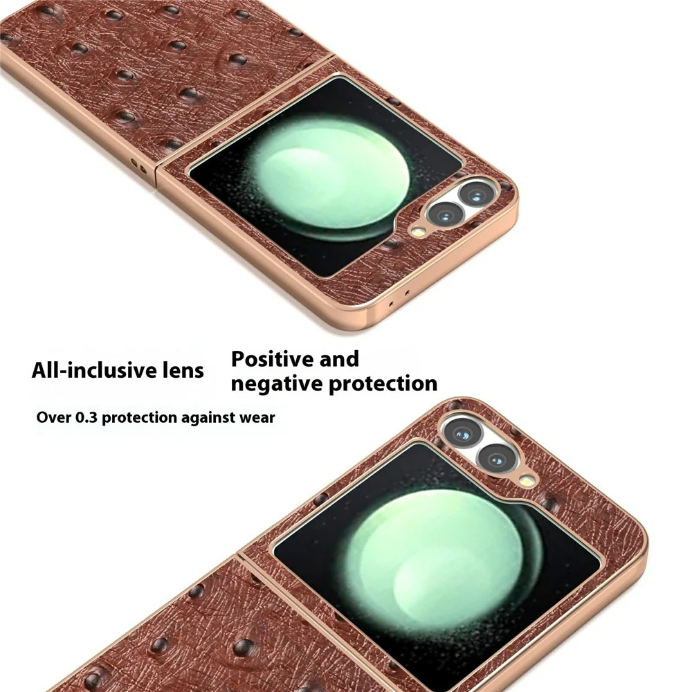 ABEEL For Samsung Galaxy Z Flip7 FE 5G / Z Flip6 5G Case Electroplating Edge Ostrich Texture Genuine Cow Leather Back Cover - Coffee - Image 2