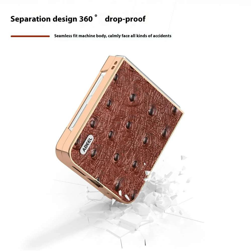 ABEEL For Samsung Galaxy Z Flip7 FE 5G / Z Flip6 5G Case Electroplating Edge Ostrich Texture Genuine Cow Leather Back Cover - Coffee - Image 3