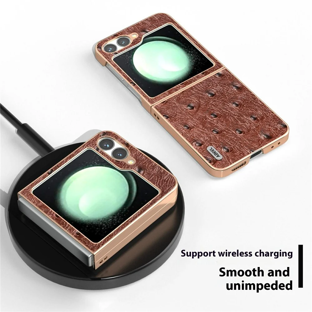 ABEEL For Samsung Galaxy Z Flip7 FE 5G / Z Flip6 5G Case Electroplating Edge Ostrich Texture Genuine Cow Leather Back Cover - Coffee - Image 4