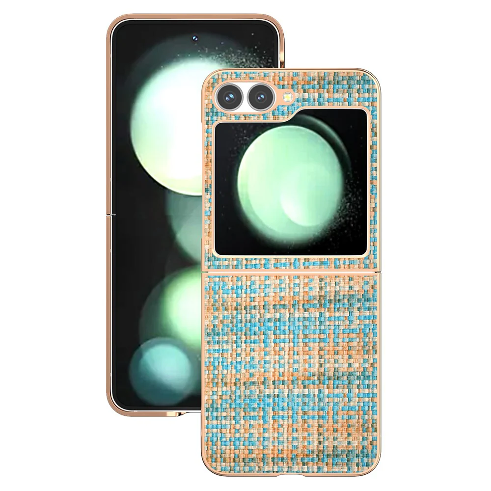 ABEEL For Samsung Galaxy Z Flip7 FE 5G / Z Flip6 5G Case Electroplating Edge Plaid Texture PU Leather+PC Phone Cover - Blue - Image 2