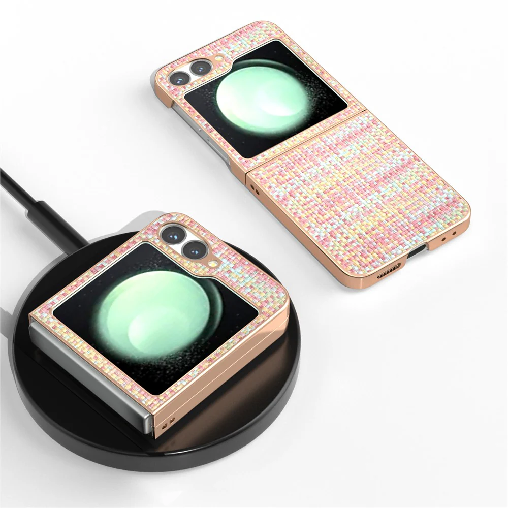 ABEEL For Samsung Galaxy Z Flip7 FE 5G / Z Flip6 5G Case Electroplating Edge Plaid Texture PU Leather+PC Phone Cover - Pink - Image 3