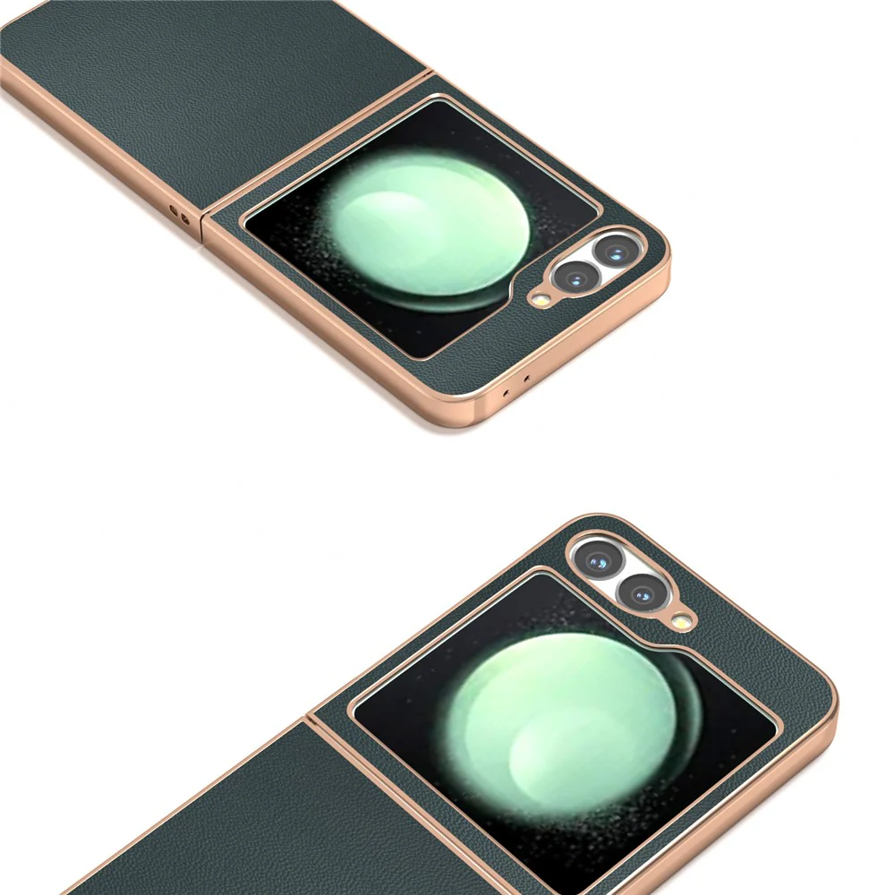 ABEEL For Samsung Galaxy Z Flip7 FE 5G / Z Flip6 5G Case Electroplating Genuine Cow Leather PC Phone Cover - Green - Image 2