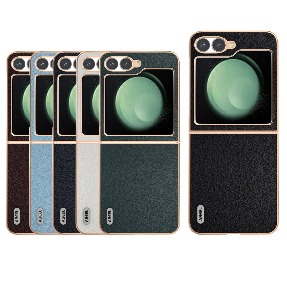 ABEEL For Samsung Galaxy Z Flip7 FE 5G / Z Flip6 5G Case Electroplating Genuine Cow Leather PC Phone Cover - Green - Image 5