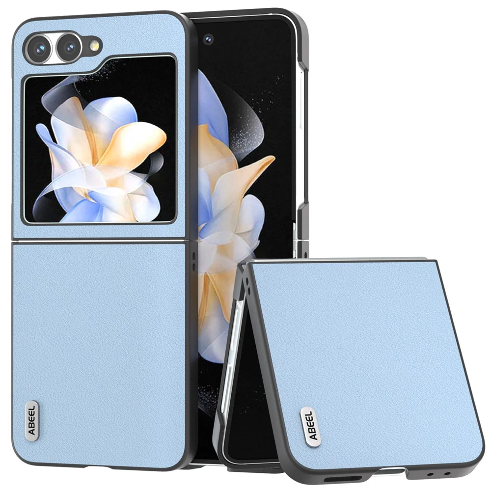 ABEEL For Samsung Galaxy Z Flip7 FE 5G / Z Flip6 5G Case Genuine Cow Leather Coated PC Folding Phone Cover - Blue