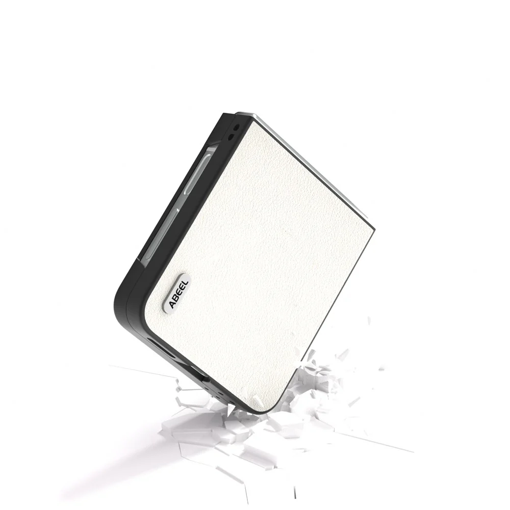 ABEEL For Samsung Galaxy Z Flip7 FE 5G / Z Flip6 5G Case Genuine Cow Leather Coated PC Folding Phone Cover - Grey White - Image 3