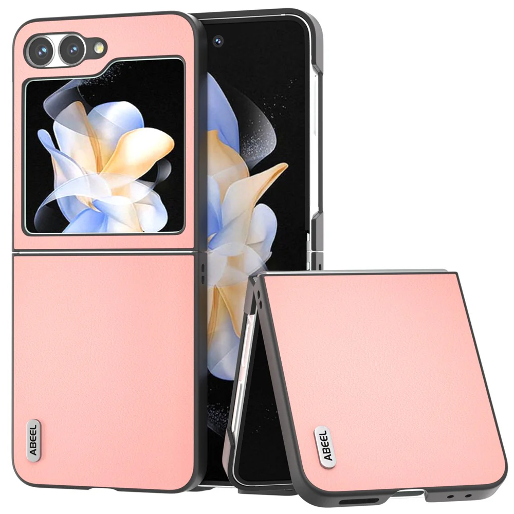 ABEEL For Samsung Galaxy Z Flip7 FE 5G / Z Flip6 5G Case Genuine Cow Leather Coated PC Folding Phone Cover - Pink