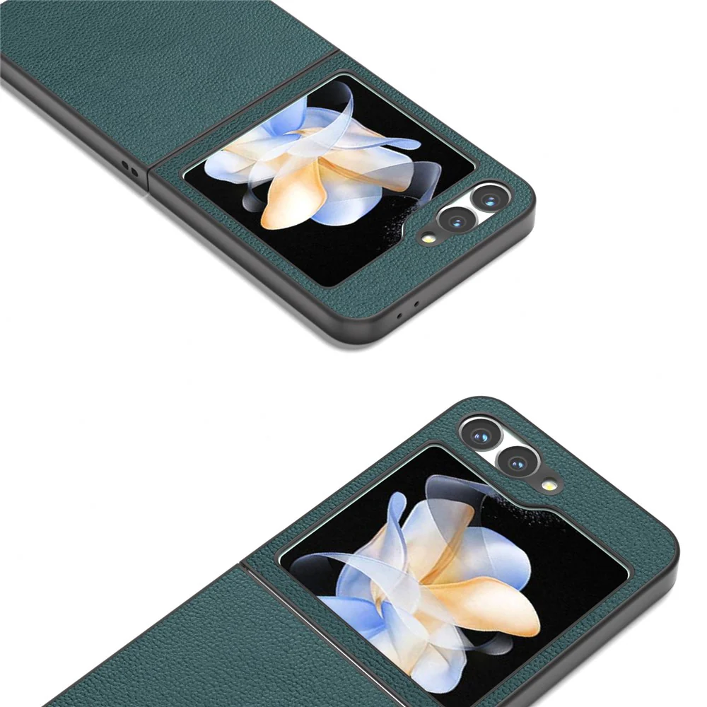 ABEEL For Samsung Galaxy Z Flip7 FE 5G / Z Flip6 5G Case Genuine Cow Leather+PC Hard Phone Cover - Midnight Green - Image 4