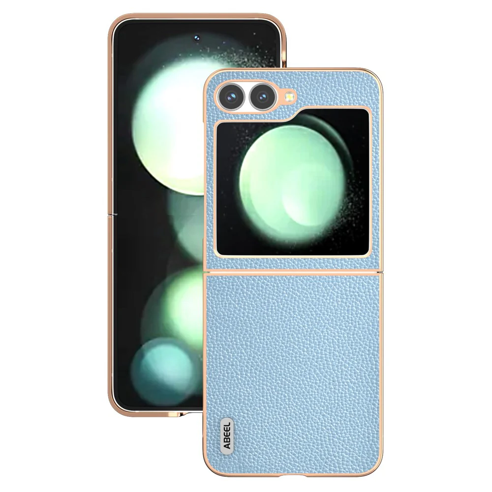ABEEL For Samsung Galaxy Z Flip7 FE 5G / Z Flip6 5G Case Genuine Cow Leather+PC+TPU Electroplating Phone Cover - Baby Blue - Image 2