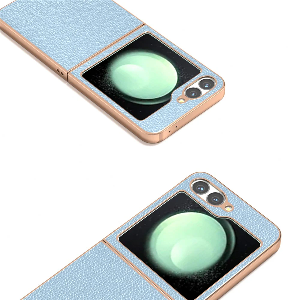 ABEEL For Samsung Galaxy Z Flip7 FE 5G / Z Flip6 5G Case Genuine Cow Leather+PC+TPU Electroplating Phone Cover - Baby Blue - Image 3