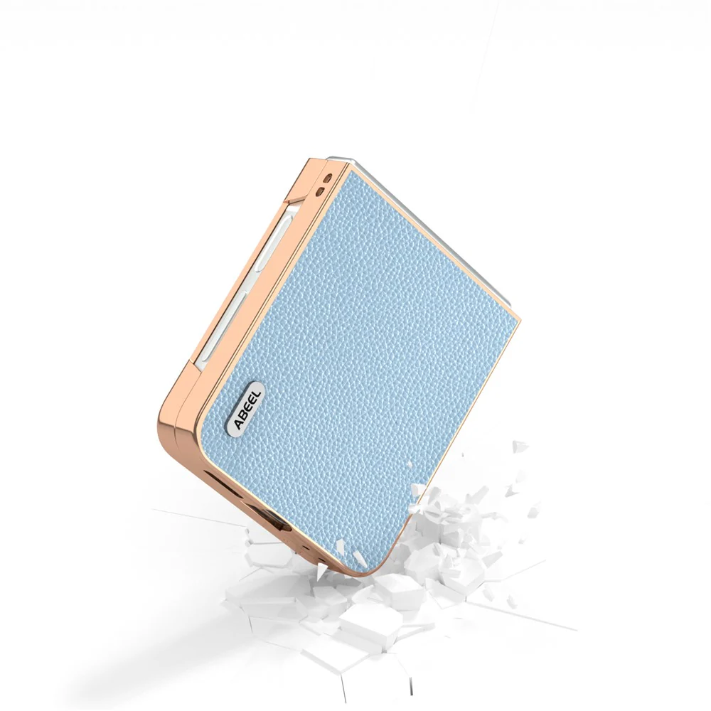 ABEEL For Samsung Galaxy Z Flip7 FE 5G / Z Flip6 5G Case Genuine Cow Leather+PC+TPU Electroplating Phone Cover - Baby Blue - Image 4