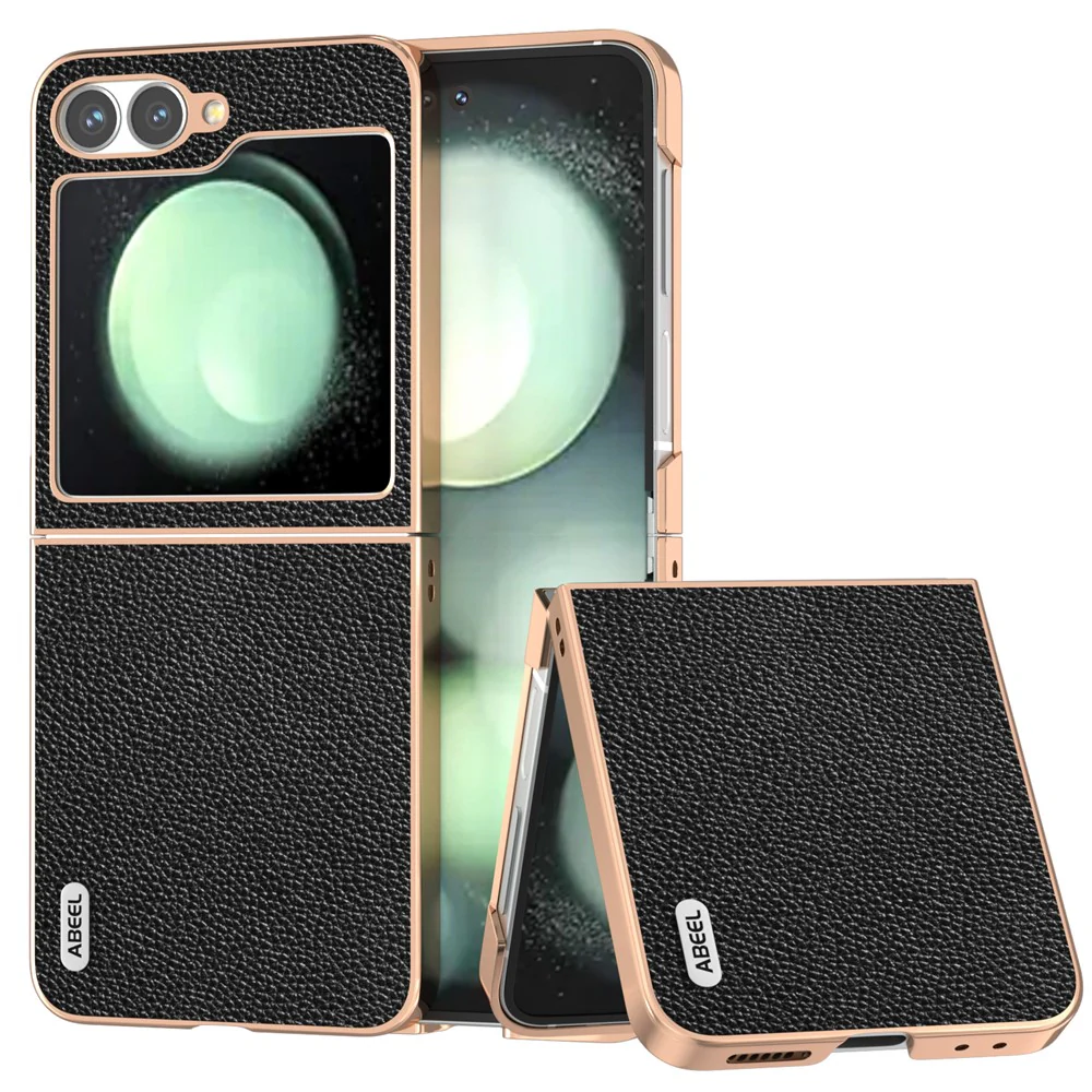 ABEEL For Samsung Galaxy Z Flip7 FE 5G / Z Flip6 5G Case Genuine Cow Leather+PC+TPU Electroplating Phone Cover - Black