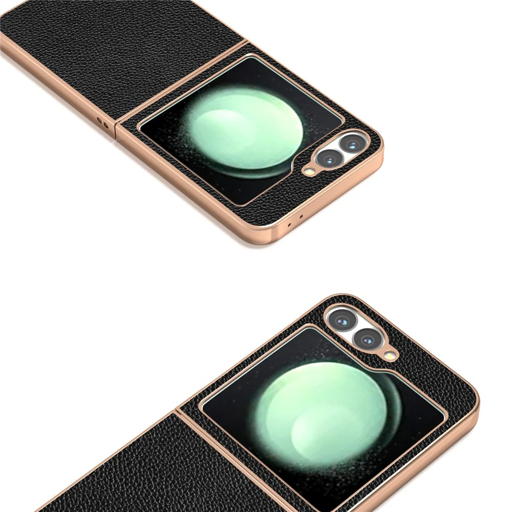 ABEEL For Samsung Galaxy Z Flip7 FE 5G / Z Flip6 5G Case Genuine Cow Leather+PC+TPU Electroplating Phone Cover - Black - Image 3