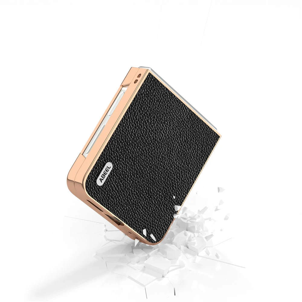 ABEEL For Samsung Galaxy Z Flip7 FE 5G / Z Flip6 5G Case Genuine Cow Leather+PC+TPU Electroplating Phone Cover - Black - Image 4
