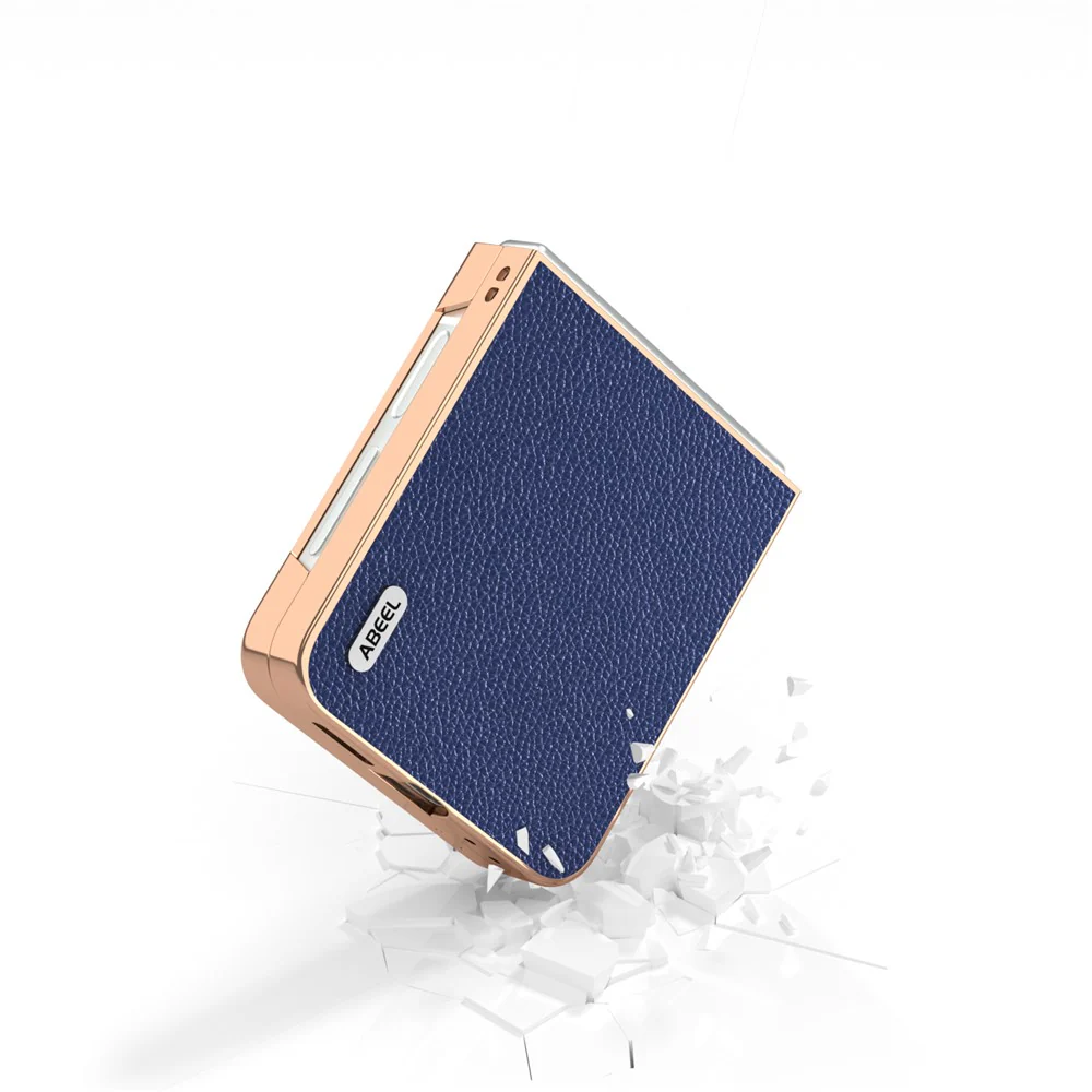 ABEEL For Samsung Galaxy Z Flip7 FE 5G / Z Flip6 5G Case Genuine Cow Leather+PC+TPU Electroplating Phone Cover - Blue - Image 4