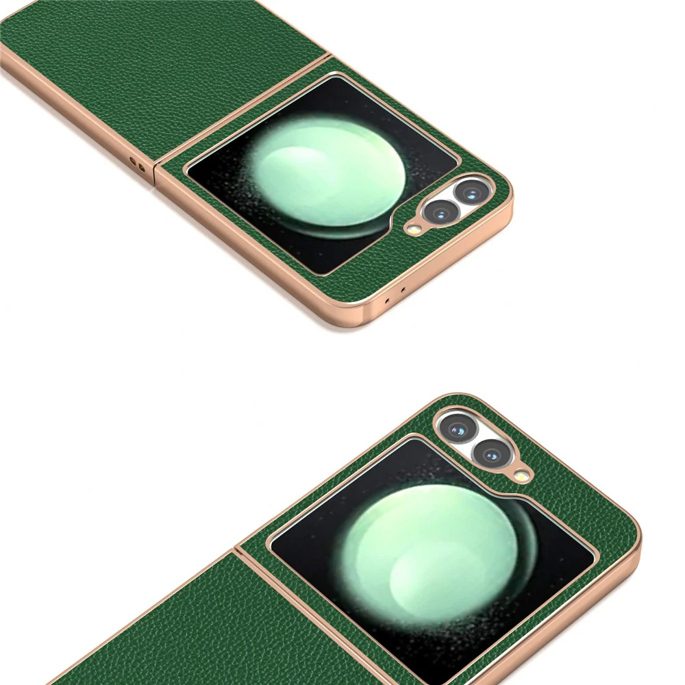 ABEEL For Samsung Galaxy Z Flip7 FE 5G / Z Flip6 5G Case Genuine Cow Leather+PC+TPU Electroplating Phone Cover - Green - Image 3