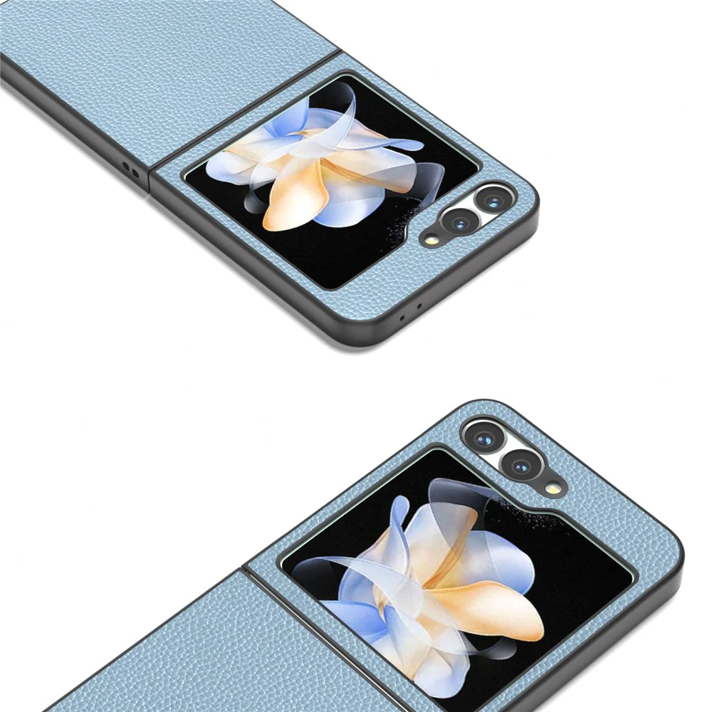 ABEEL For Samsung Galaxy Z Flip7 FE 5G / Z Flip6 5G Case Litchi Texture Genuine Cow Leather+PC Phone Cover - Baby Blue - Image 2