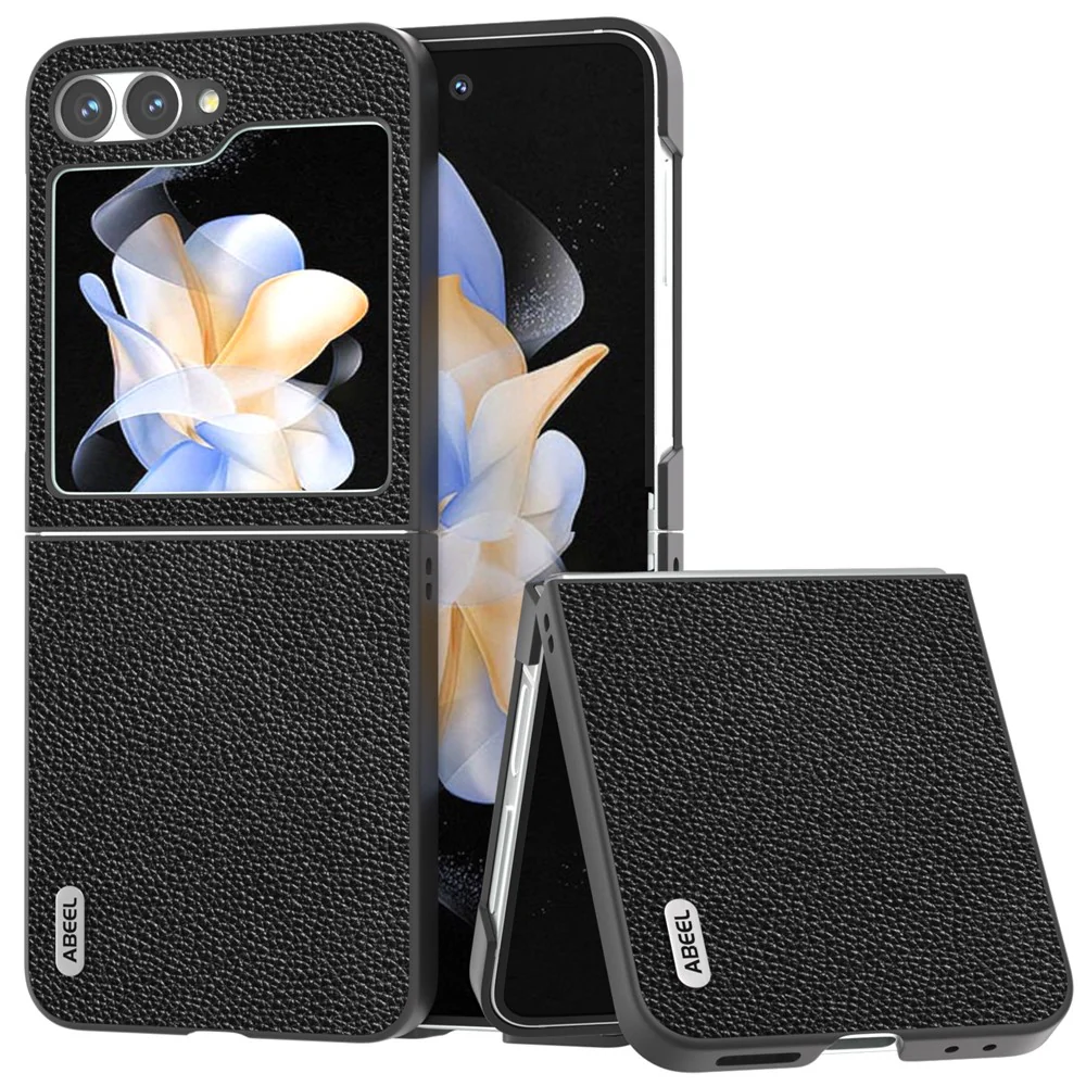 ABEEL For Samsung Galaxy Z Flip7 FE 5G / Z Flip6 5G Case Litchi Texture Genuine Cow Leather+PC Phone Cover - Black