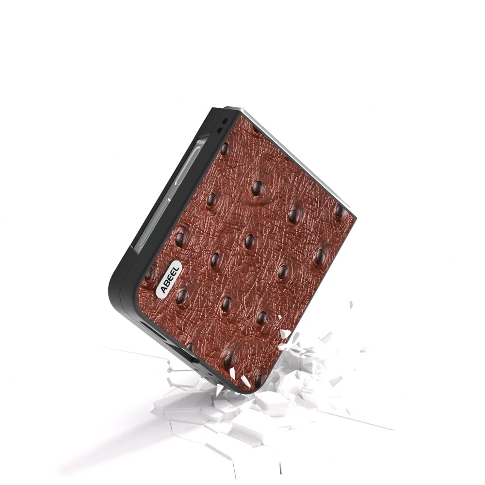 ABEEL For Samsung Galaxy Z Flip7 FE 5G / Z Flip6 5G Case Ostrich Texture Genuine Cow Leather Back Cover - Coffee - Image 3