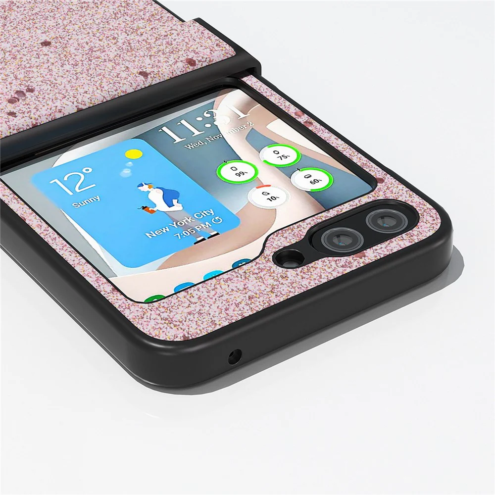 ABEEL For Samsung Galaxy Z Flip7 FE 5G / Z Flip6 5G Case PU Leather+PC Glitter Phone Cover with Hinge Design - Pink - Image 5