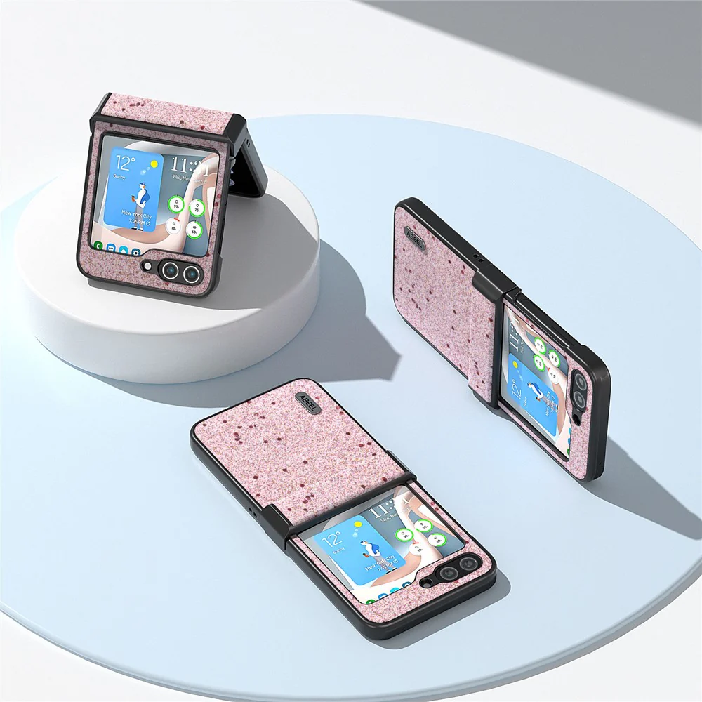 ABEEL For Samsung Galaxy Z Flip7 FE 5G / Z Flip6 5G Case PU Leather+PC Glitter Phone Cover with Hinge Design - Pink - Image 8