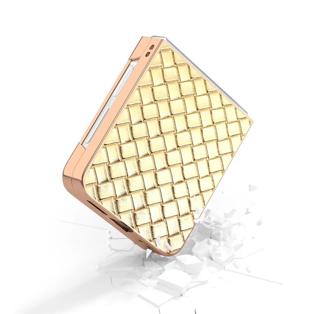 ABEEL For Samsung Galaxy Z Flip7 FE 5G / Z Flip6 5G Case Woven Texture Electroplating Edge Leather Coated PC Phone Cover - Gold - Image 5