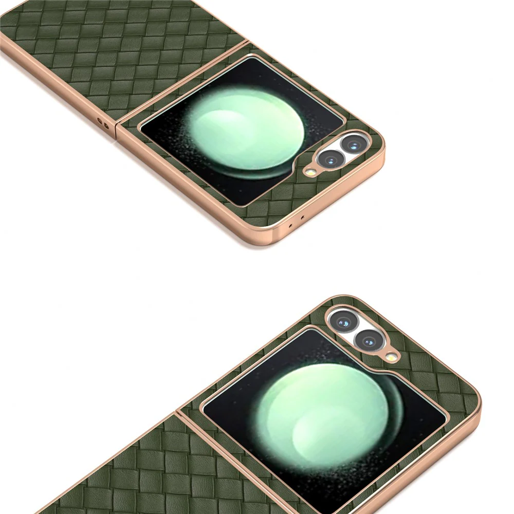 ABEEL For Samsung Galaxy Z Flip7 FE 5G / Z Flip6 5G Case Woven Texture Electroplating Edge Leather Coated PC Phone Cover - Green - Image 5