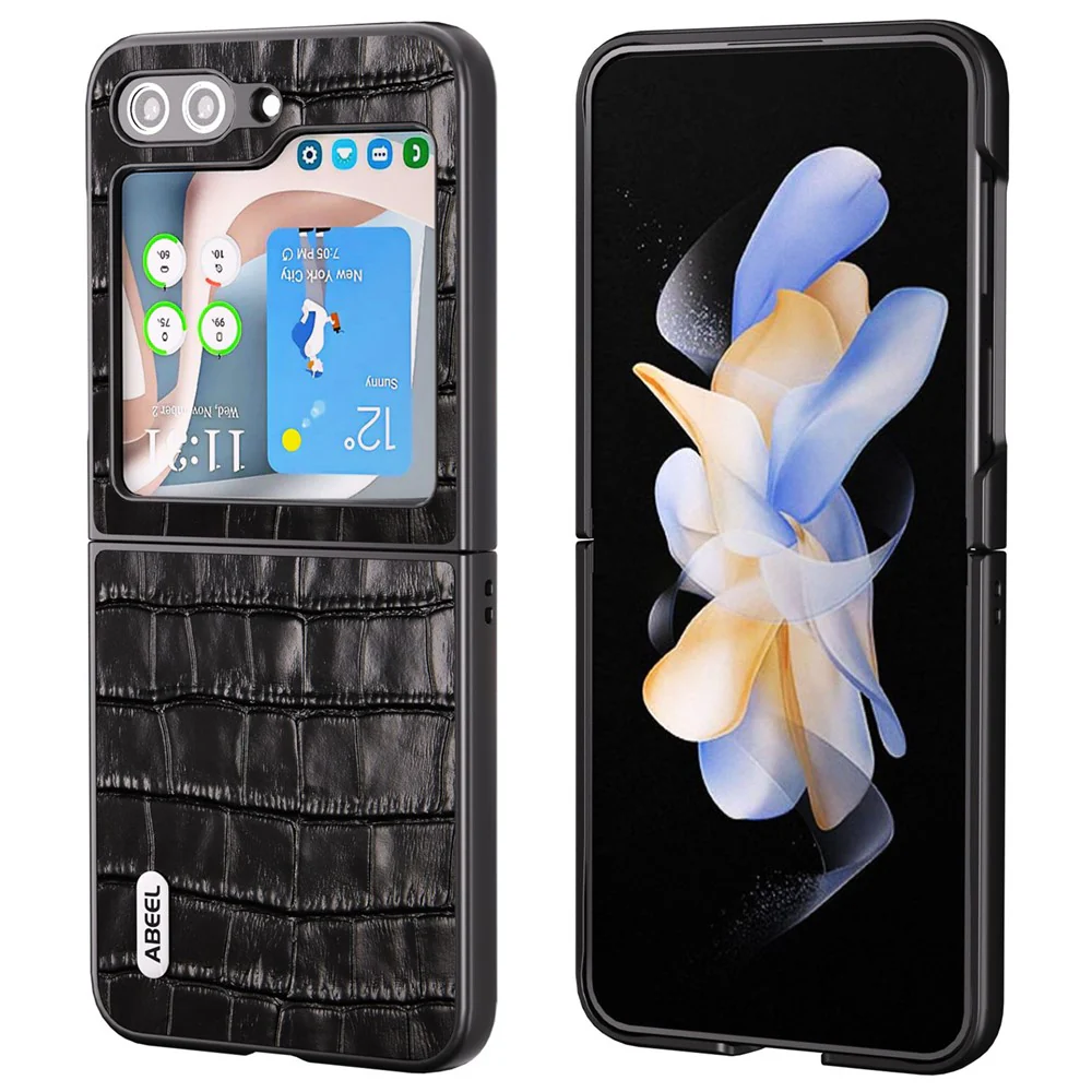 ABEEL For Samsung Galaxy Z Flip7 FE 5G / Z Flip6 5G Genuine Cow Leather+PC Phone Cover Crocodile Texture Anti-drop Case - Black