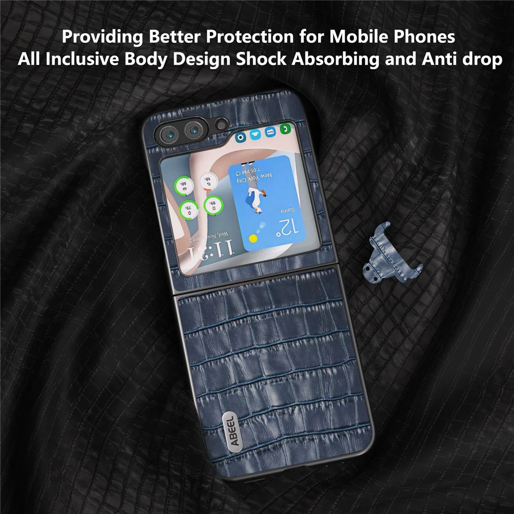 ABEEL For Samsung Galaxy Z Flip7 FE 5G / Z Flip6 5G Genuine Cow Leather+PC Phone Cover Crocodile Texture Anti-drop Case - Blue - Image 3