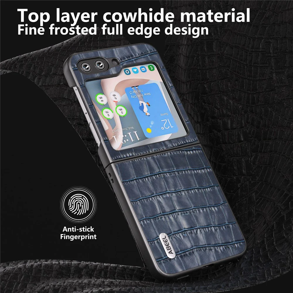 ABEEL For Samsung Galaxy Z Flip7 FE 5G / Z Flip6 5G Genuine Cow Leather+PC Phone Cover Crocodile Texture Anti-drop Case - Blue - Image 4