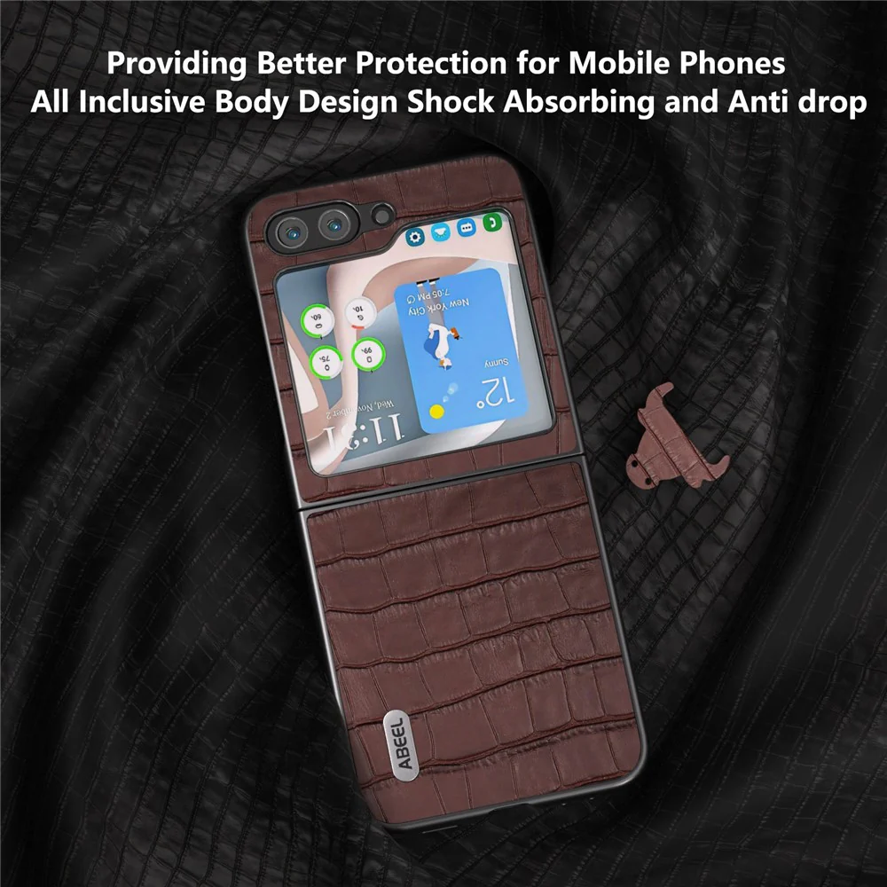 ABEEL For Samsung Galaxy Z Flip7 FE 5G / Z Flip6 5G Genuine Cow Leather+PC Phone Cover Crocodile Texture Anti-drop Case - Brown - Image 3
