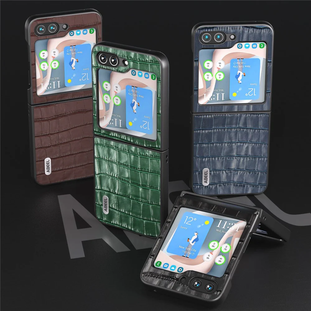 ABEEL For Samsung Galaxy Z Flip7 FE 5G / Z Flip6 5G Genuine Cow Leather+PC Phone Cover Crocodile Texture Anti-drop Case - Brown - Image 5