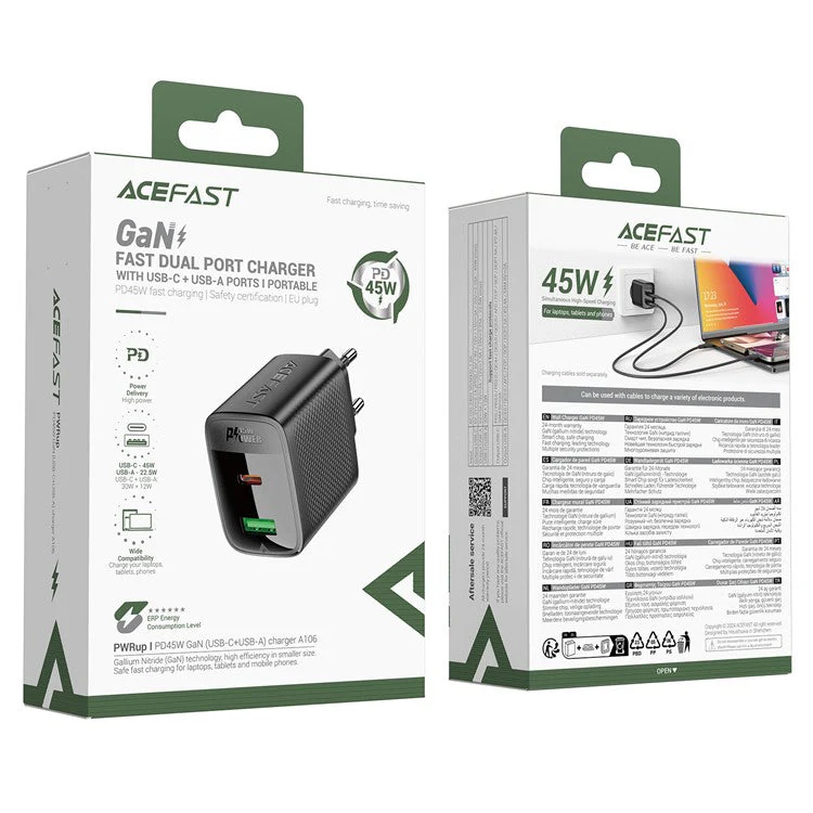 ACEFAST A106 GaN Charger PD 45W Fast Charging Dual Port USB-C USB-A Adapter - EU Plug - Image 5