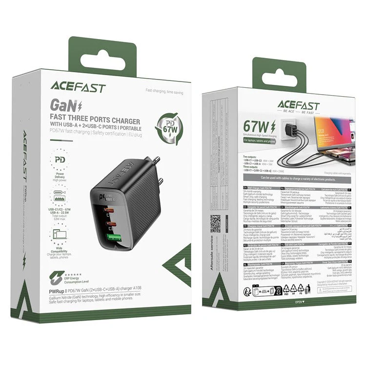 ACEFAST A108 PD 67W GaN Charger 2 USB-C + USB-A Fast Charging Adapter - EU Plug - Image 6