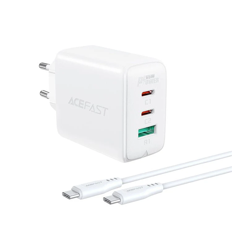ACEFAST A13 USB C+C+A Three Ports PD65W Wall Charger Power Adapter EU Plug with 1.2m Cable - White